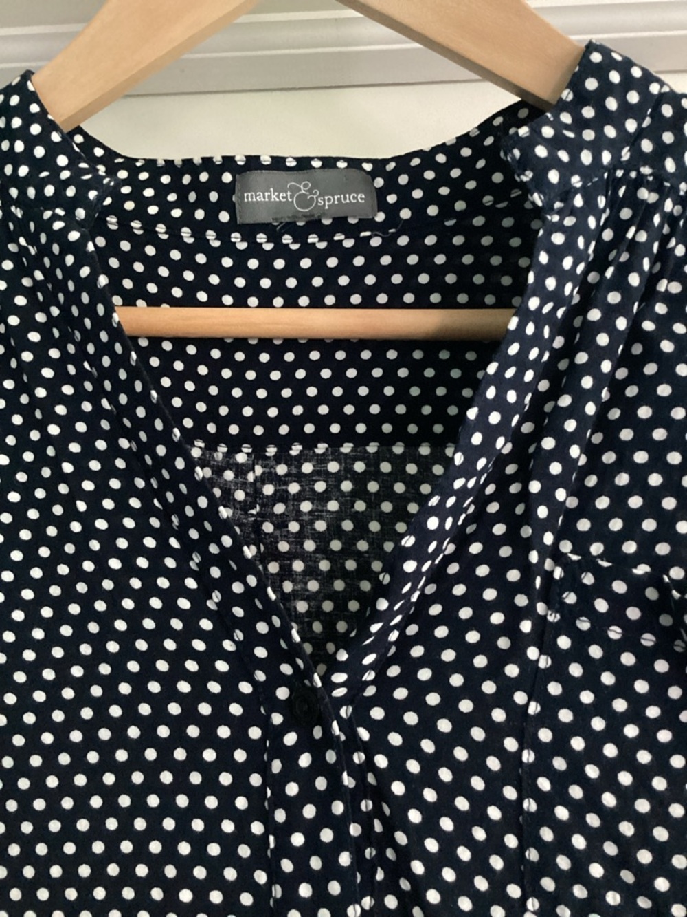 Market & Spruce Navy and White Polka Dot V-Neck Blouse - Picture 2 of 3